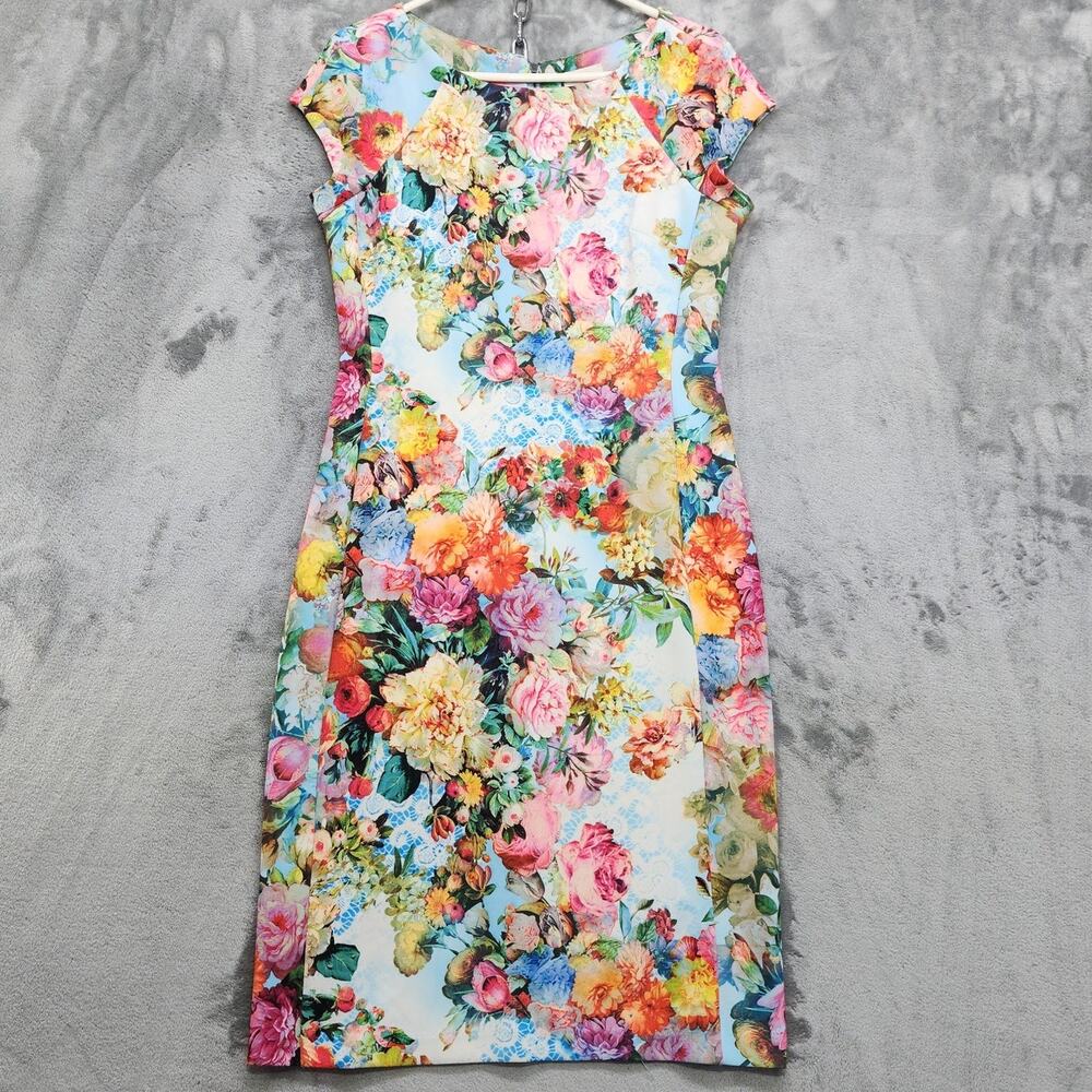 Vintage Beige by ECI Dress Womens M Floral Stretch Back Zip Cap Sleeve Sheath - Picture 1 of 12